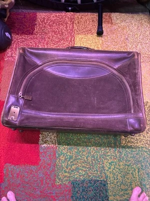 Vintage Brown Leather And Suede Soft Sided Suitcase Brass Hardware  - Image 1 of 4