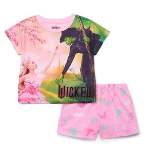 Wicked Pajamas Girls T Shirt Shorts Set Glinda Elphaba Pink Green Top Size 4-12 - Picture 1 of 4