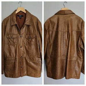 Vintage Y2K Gap Leather Jacket Oversized Mens Size L Camel Brown Button Front - Picture 1 of 18