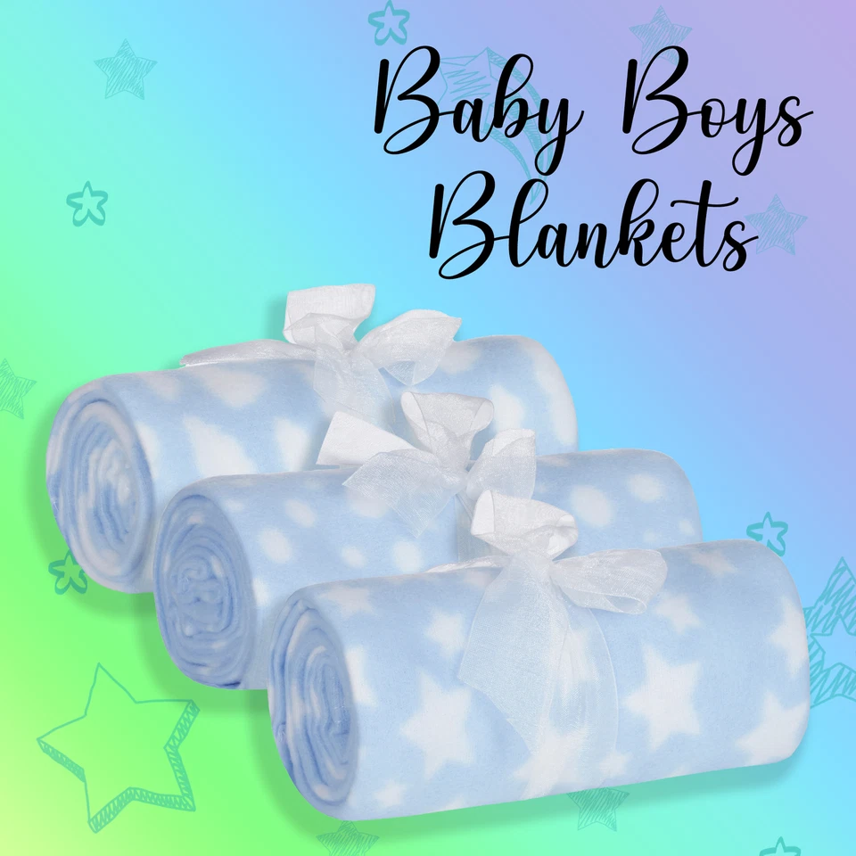 Baby Boys Blue Polar Fleece Stars Dots Clouds Blankets 3 Pack Size 75x75 cm UK - Image 1 of 1