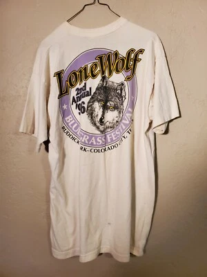 Camiseta del festival Lone Wolf Bluegrass XL de colección 1996 Sing Stitch WOLF TEXAS RARA Foto 1 de 4