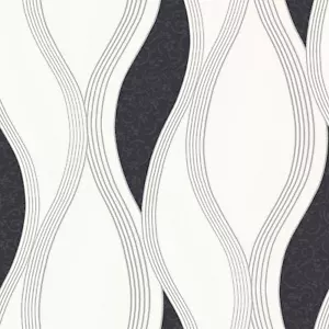 Metallic Waves Geometric Wallpaper E62009 Glitter Black Silver Feature Wall - Picture 1 of 7