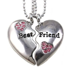 New Best Friends Forever BFF Clear Heart Two Pendant Necklace Engraved Charm h1 - Picture 1 of 1