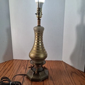 Vintage Table Lamp Brass Koi Fish Base Gold And Frosted Stripe Glass Body - Picture 1 of 24