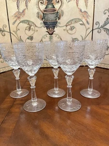 Vintage MCM 5 Kristall Weingläser geätztes Laub Prisma Stiel hervorragend 8,25" - Bild 1 von 21