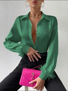 L.I.F.E. Luxurious Spliced Faux Feather Party Silky Blouse L 💚New with Tags - Picture 1 of 12