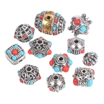 5pcs Nepalese Buddhist Tibetan Silver Color Red Blue Dots Loose Metal Beads - Image 1 of 4