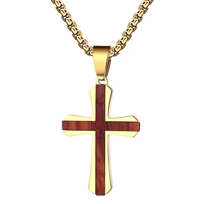 Collar colgante cruz acero inoxidable con incrustaciones de madera de ébano para hombre cadena de caja 22 pulgadas Foto 1 de 4