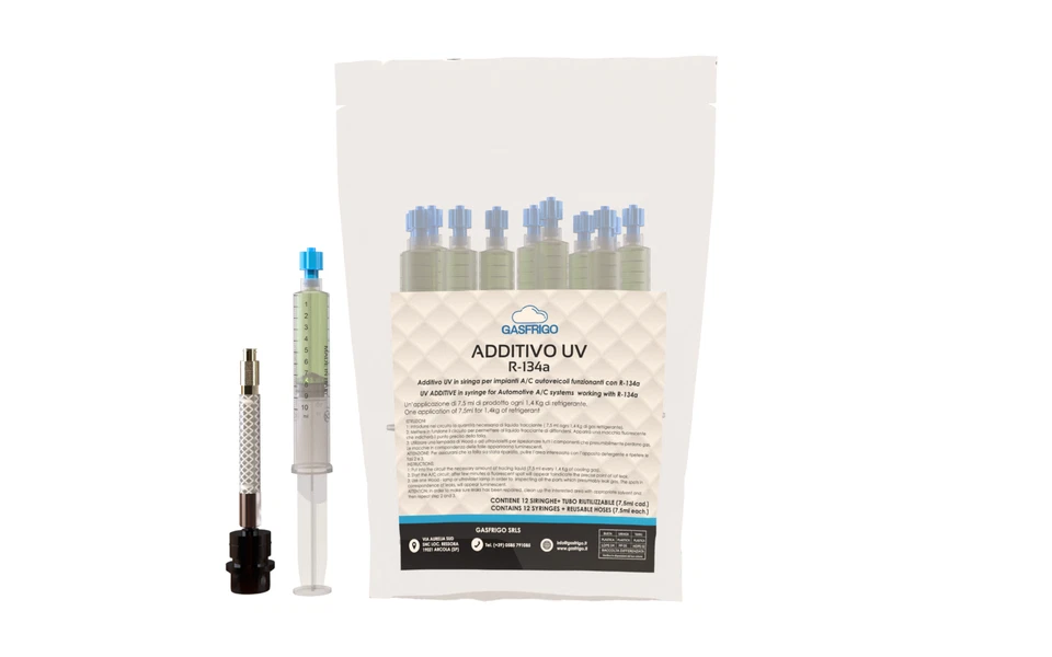 GASFRIGO TRACCIANTE UV CONDIZIONATORE AUTO CONF.NE 12 x 7,5 ml + ADATTATORE R134A R134