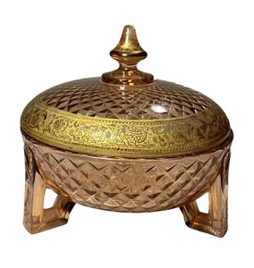 Imperial Pink Gold Glass Flat Diamond Spire Top 3 Footed Covered Lid Candy Dish - Picture 1 of 12