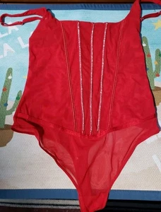 AUDEN RED MESH ONE PIECE THONG SEXY LINGERIE SHEER W/ RHINESTONES SIZE M NWT - Picture 1 of 9
