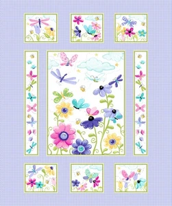 35" Fabric Panel | Susybee Flutter Flower Dragonfly Butterfly Scenes Purple - Picture 1 of 1