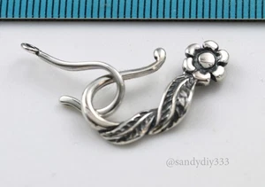 1x OXIDIZED BALI STERLING SILVER FLOWER LEAF FISH EYE HOOK CLASP 38mm J124 - Picture 1 of 2