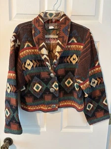 Giacca donna vintage dipinta pony Southwestern/Aztec arazzo ritagliata taglia M - Foto 1 di 8