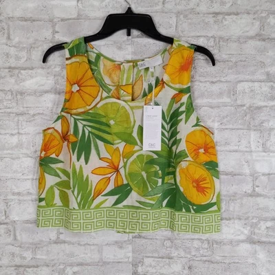 C & C California Linen Blend Crop Top M Citrus Tropical Vacation Button Back NEW - Image 1 of 4