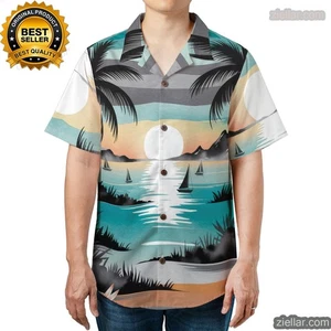 Floral Tropical Hawaiian Shirt Unisex Palm Tree Sunset Watercolor Beach Party - Foto 1 di 7