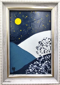 Dipinto olio originale notte di Natale 4x6in incorniciato paesaggio invernale miglior regalo. - Foto 1 di 8