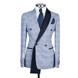 Men's Plaid Suits Slim Fit 2Pieces Regular Fit Double Breasted Jacket+Solid Pant - Picture 1 of 25