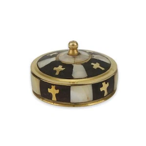 Brass Trinket Box with Mother of Pearl Inlay Cross Detailing - Picture 1 of 6