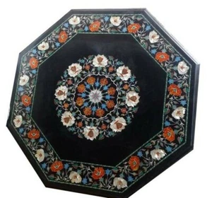 36" black marble Table Top semi precious stones Inlay Work Handicraft Home Decor - Picture 1 of 1