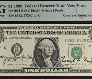 1988 $1 Federal Reserve Note - PMG 64EPQ - Dual Autograph - Ortega / Brady - Picture 1 of 3