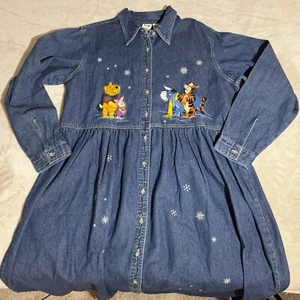 NWT Vintage Disney Denim Dress Womens 2X Blue Winnie The Pooh Snow Christmas - Picture 1 of 19
