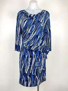 CAROLINE MORGAN Dress Sheath Womens Large Blue Cowl Neck Sash Tie Stretch Work - Picture 1 of 14
