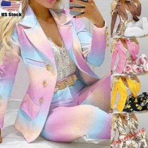 Women 2 Pcs Business Blazer Suit Jacket Tops+Pants Formal Dress Floral Print Set - Picture 1 of 19