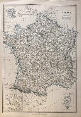 Mapa original da França 1859–1860, gravura antiga com contornos coloridos - Imagem 1 de 2
