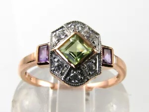 SUFFRAGETTE 9K 9CT ROSE GOLD PERIDOT AMETHYST DIAMOND ART DECO INS RING Size T - Picture 1 of 7