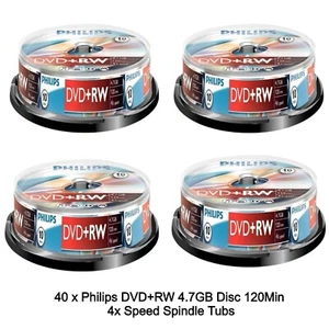 40 Philips DVD+RW 4.7GB Disc 120Min 4x Speed Spindle Tub Rewritable Blank Discs - Picture 1 of 11