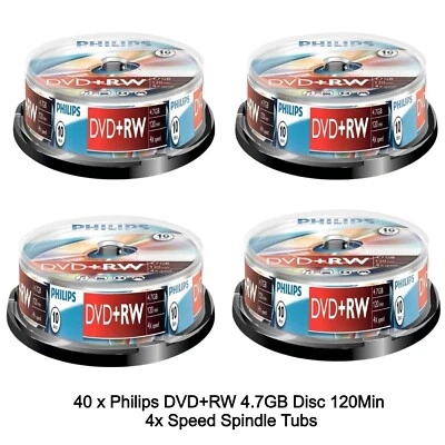 40 Philips DVD+RW 4.7GB Disc 120Min 4x Speed Spindle Tub Rewritable Blank Discs - Image 1 of 4