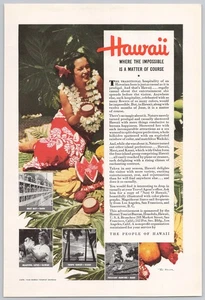 Hawaii Tourism 1940 Print Ad Luau Beautiful Woman Fruit Boat Day Pheasant Hunt - Picture 1 of 2