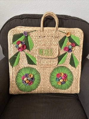 Mexico Tote Woven Straw Wicker Extra Large Beach Bag Raffia Floral Vintage - Image 1 of 4