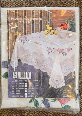 New! Vintage White With Red & Purple Vinyl Tablecloth 60"x90" Oval - Image 1 of 4