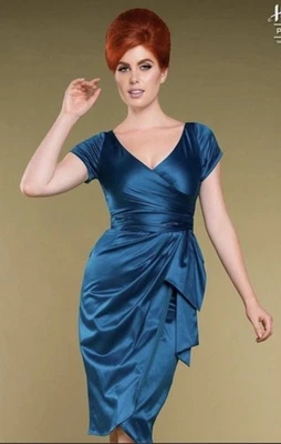 Pinup Couture Ava Faux Wrap Wiggle Dress Cetim Turquesa 2X Retro Mad Men Glam - Imagem 1 de 4