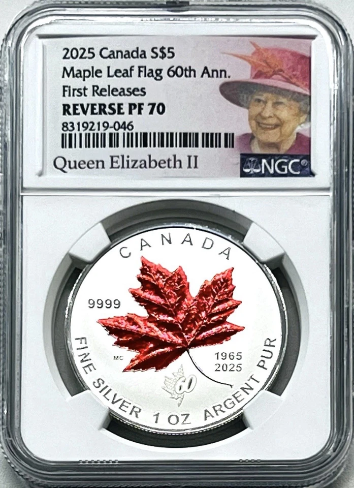 2025 $5 1 OZ SILVER CANADA 60TH MAPLE LEAF FLAG NGC PF70 QUEEN ELIZABETH - FR - Image 1 of 4