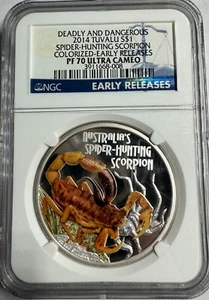 2014 Tuvalu Silver $1 NGC PF 70 UC COLORIZED D/D SPIDER-HUNTING SCORPION - E/R - Picture 1 of 1