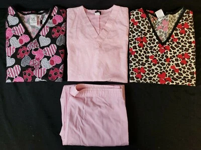 Women Scrubs Barco Uniforms Pink Set M Top S Pants Bottoms & 2 L Heart Print Top - Image 1 of 4