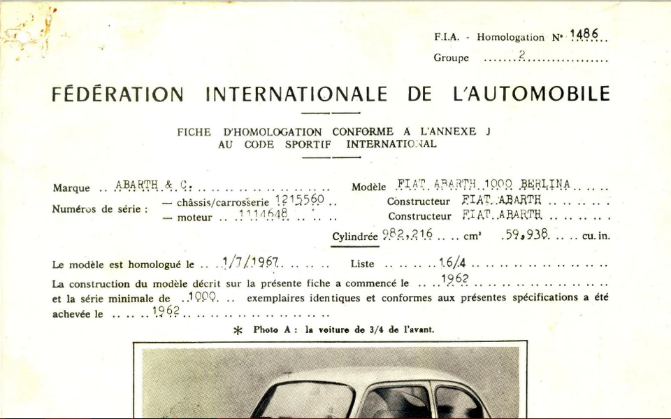 FIAT ABARTH 1000 COPY FICHE D’HOMOLOGATION (084) - Immagine 1 di 1