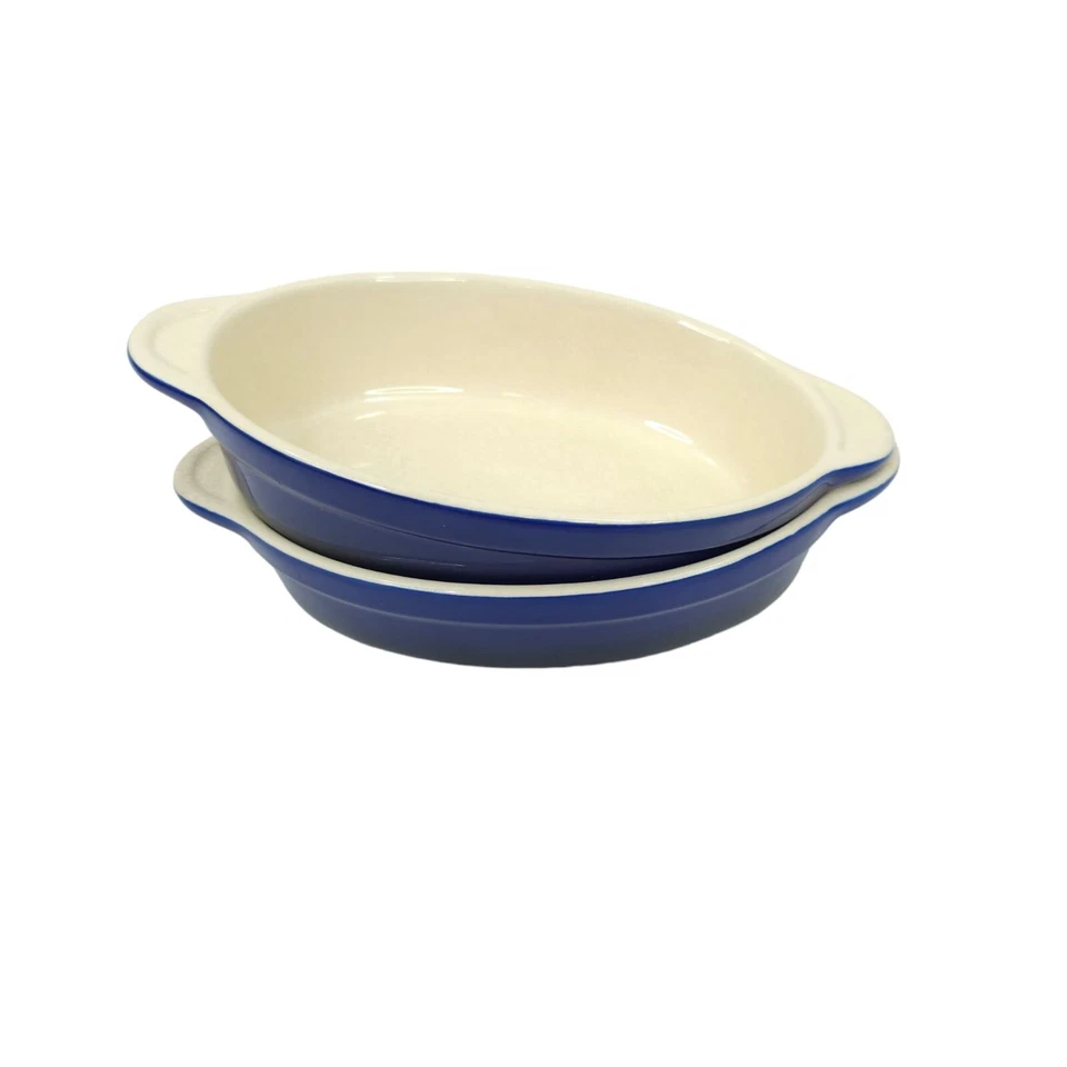 Platos para hornear Denby Au Gratin 2 panaderos individuales ovalados 9x5 gres azul crema Foto 1 de 4