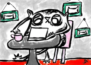 Print Of Black Cat Painting ACEO Coffee Chat Miniature Folk Art Samantha McLean - Picture 1 of 1