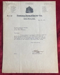 Correspondencia en papel AR vintage 1926 de Federal Bank & Trust Little Rock Arkansas - Imagen 1 de 3