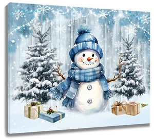 Winter süßer Schneemann blau Weihnachten Leinwand Wandbild Dekor für Wohnzimmer Schlafzimmer - Bild 1 von 15