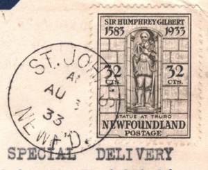 NEUFUNDLAND 1933 FDC *Humphrey Gilbert* 32c TOP VALUE Cover TRURO STATUE XC85 - Bild 1 von 17