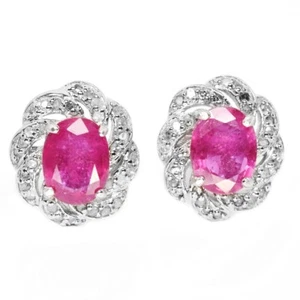 925 STERLING SILVER SWEET PINK RED RUBY Oval GEMSTONE. & WHITE CZ STUD EARRINGS - Picture 1 of 6