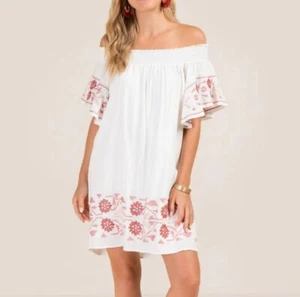 Off-Shoulder White Boho Dress With Embroidered Red Floral Accents & Ruffle Sleev - Picture 1 of 6