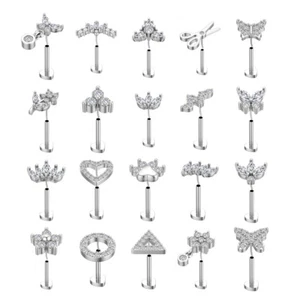 18G Push in Labret Piercing Pin Heart CZ Tragus Earring Flat Cartilage Lip Gift - Picture 1 of 32