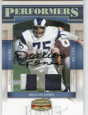 2007 Donruss Gridiron Gear Performers Deacon Jones Dual Autographed Jersey #3/5 - Image 1 of 2