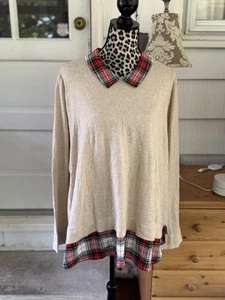 J.Crew Größe 3X taubenbeiger Pullover mit weißem Karo Webkragen/Saum 2fer neu - Bild 1 von 7